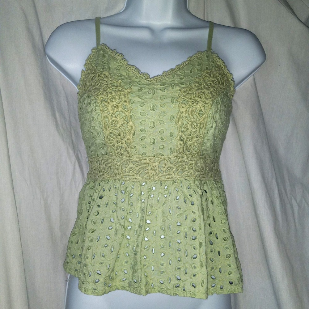 Anthropologie Japna Light Green‎ Eyelet Spaghetti Strap Top Elastic Back Size XS